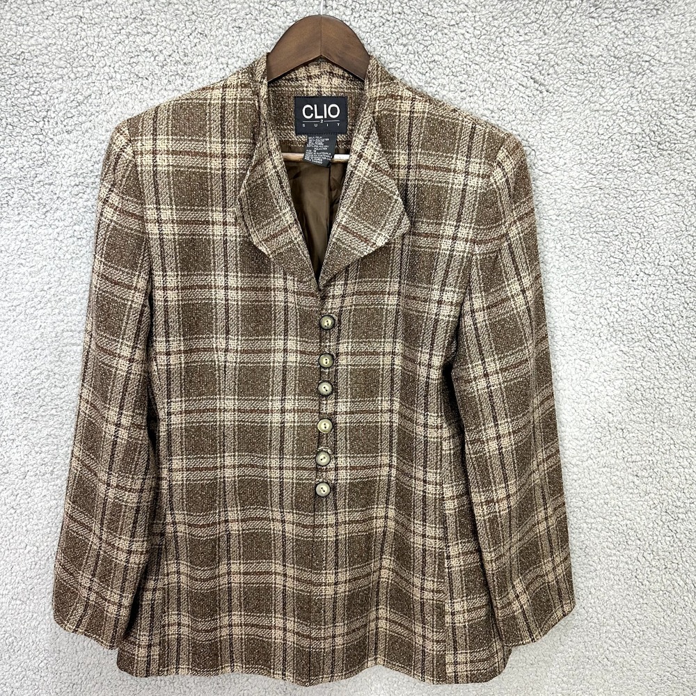 Clio Suit Brown Plaid Blazer Size 12 Academia Retro Button Career Preppy Vintage